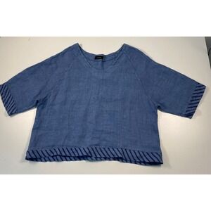 Cherishh Blue 100% Linen V-Neck Boxy Blouse Made in Italy Striped Trim S/M